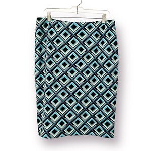 KASPER Abstract Print Pencil Skirt Back Slit Navy Blue Teal 10